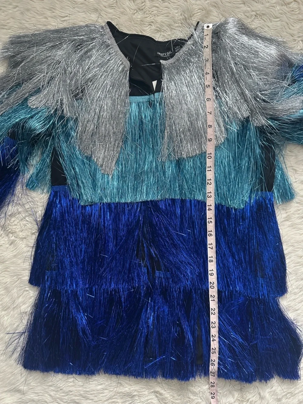Nasty Gal Metallic Tiered Tinsel Fringe Open Front Jacket Rave Blue Sz 4 NWOT